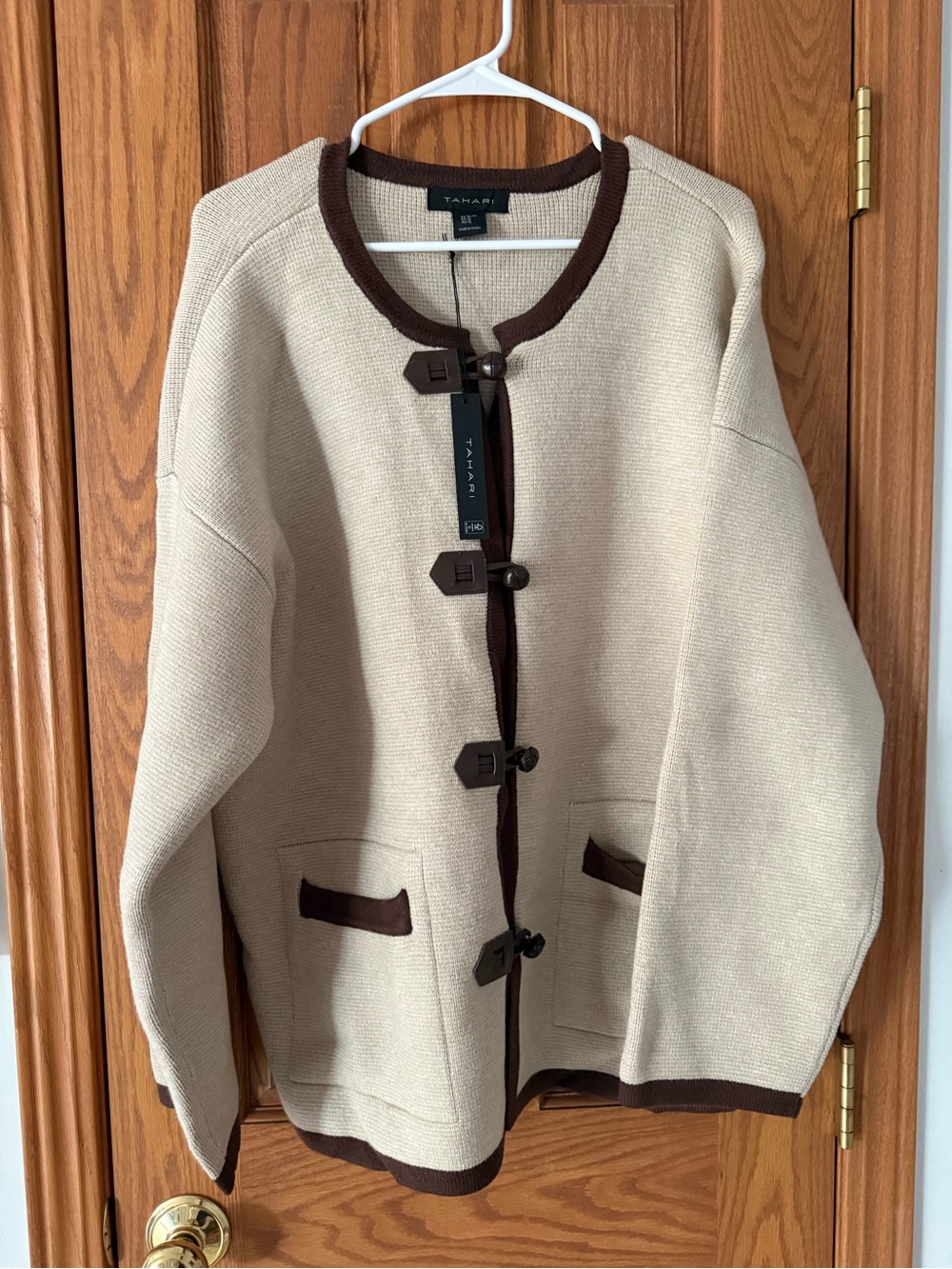 Tahari Beige Cardigan with Brown Trim and Toggle Closures